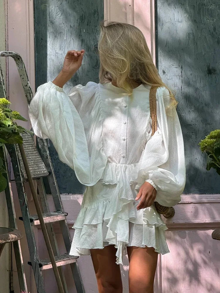 🍒Round neck long sleeve mini dress layered with skirt elegant solid clothes for women ruffle outfit single-breasted chic highstreet clothing Puff Ruffle Summer Sugar Stuff