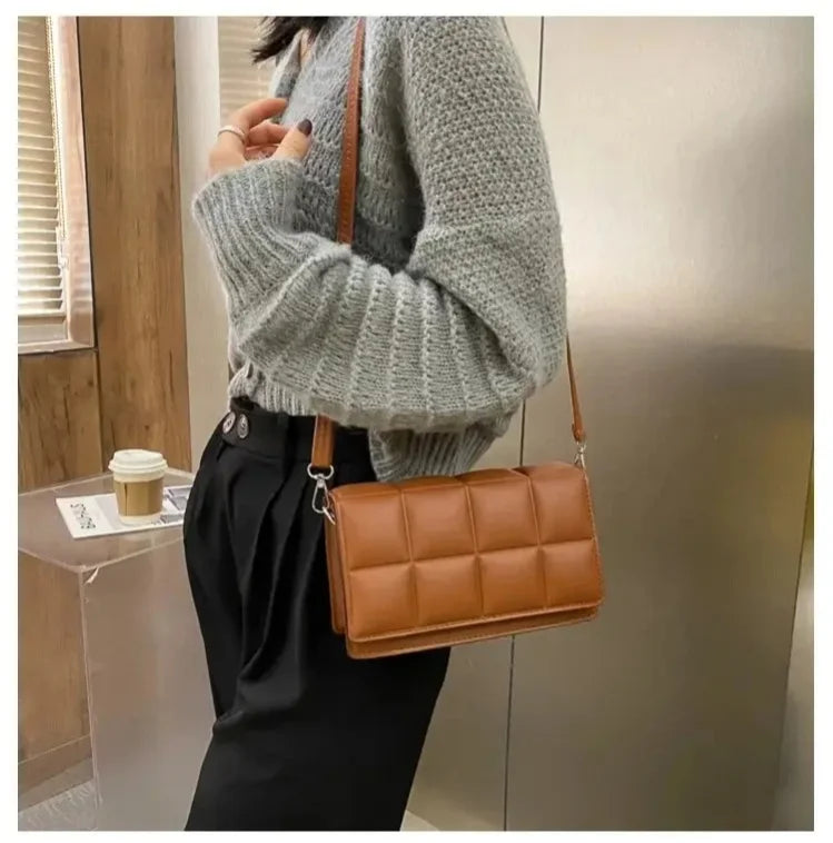 🍒Solid colour shoulder bag crossbody handbags female cushioned designer pu leather bags for smart casual accessory for women Chocolate Bag