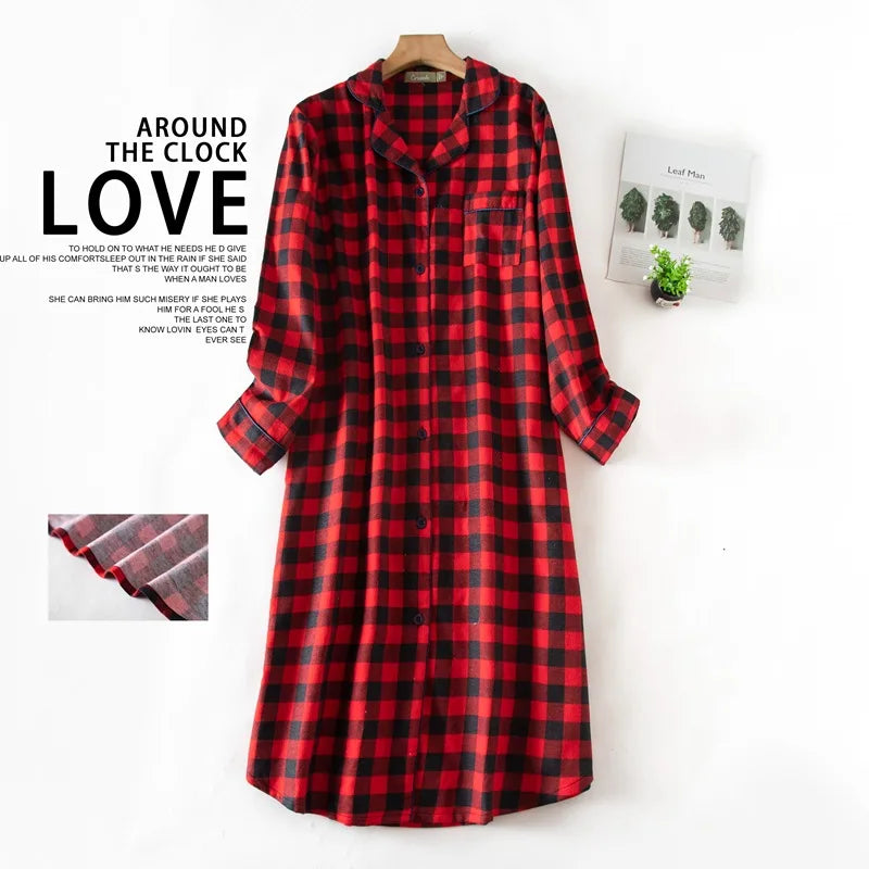 🍒pyjama nightie autumn and winter nightwear for women cotton flannel sleep shirt long sleeve nightshirt button down sleepdress No Flannel Flannel