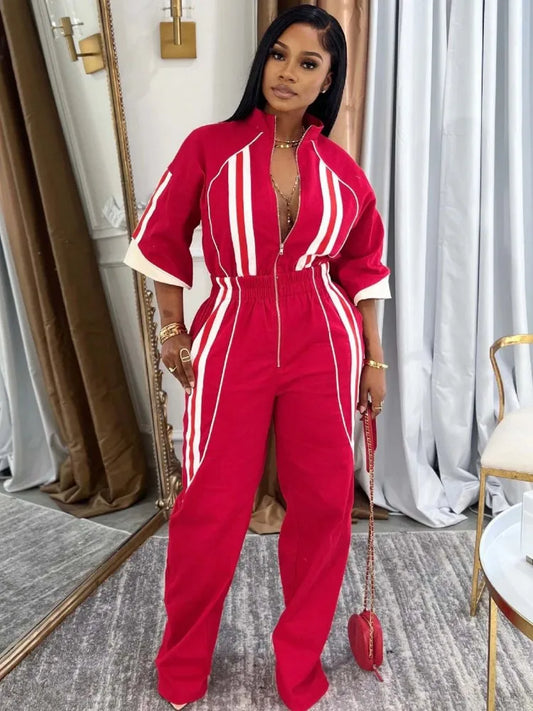 🍒Women Jumpsuits 3/4 sleeve stripe loose fashion rompers wide leg pants one piece trousers for women smart casual summer clothing Sport Stripes