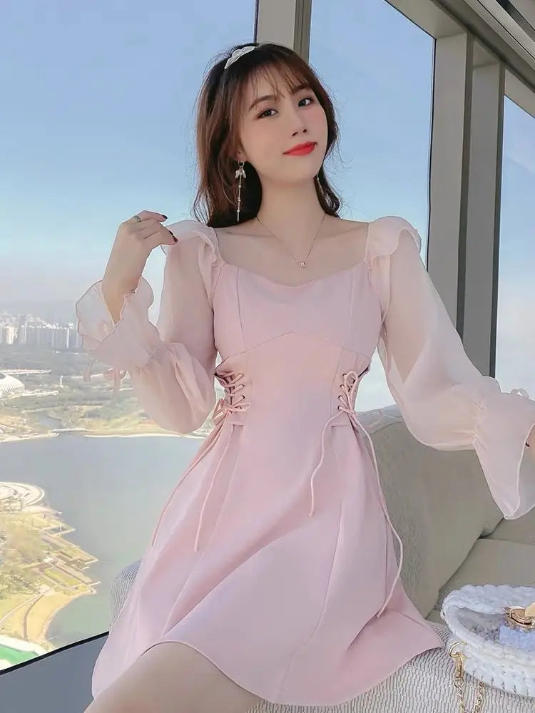 🍒Pink dresses women spring summer sweet heart neckline outfit a-line mini dress with puff sleeves lace up draw string sides waist feminine fashion A- Pretty Pink