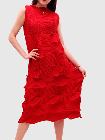 🍒Sleeveless pleated dress for women turtleneck outfit single colour solid fashion smart casual women party wear occasion clothing style 3D fold designer dresses Fashion A Fold
