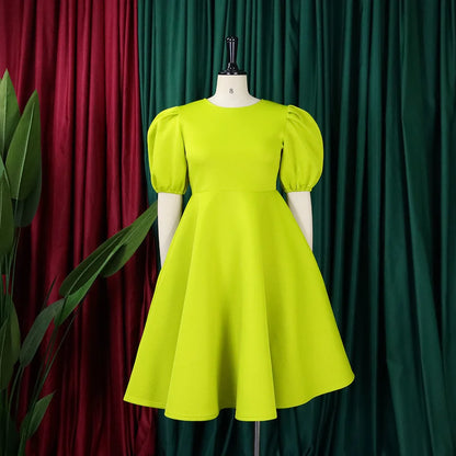 🍒Elegant dresses for woman o neck short sleeve outfit for birthday party high waisted pleated puff sleeves female fashion wear occasion wear evening party wear mid calf luxury B'day Bopper Beauty Babe