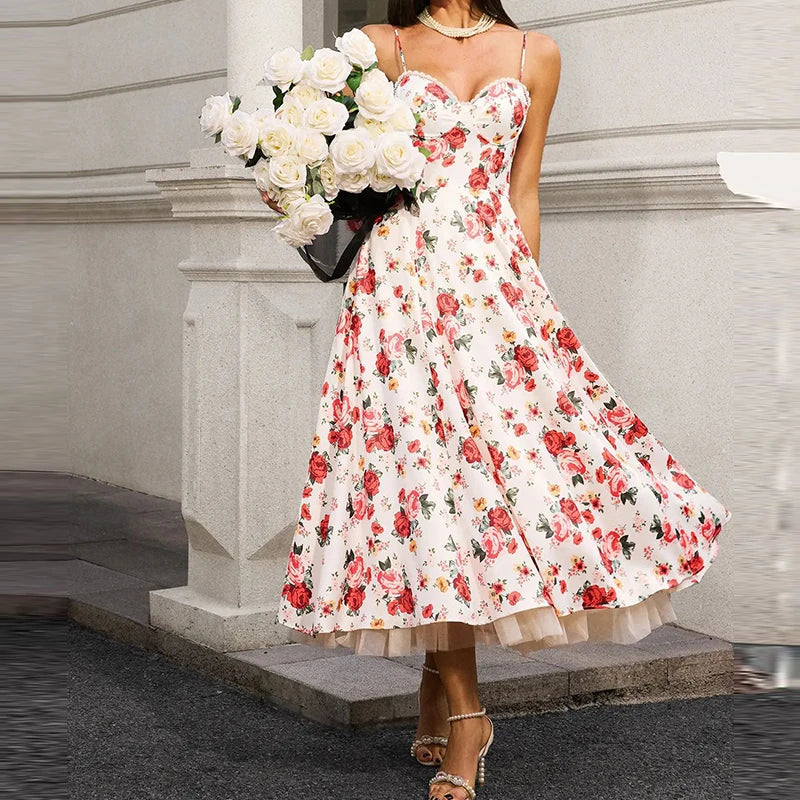 🍒High waist party dress with bodice and full skirt elegant floral print for summer fashion  sleeveless a-line dress off shoulder outfit women Fun Floaty Floral