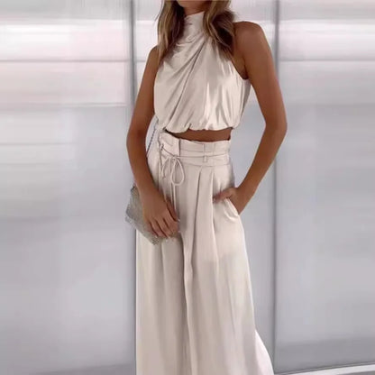 🍒Two piece pant sets for women open navel outfit silky sleeveless tops and wide leg trousers smart casual clothing summer fashion wear club wear party occasion wear 2 piece Sets pop this CROP and get SET for WIDE approval