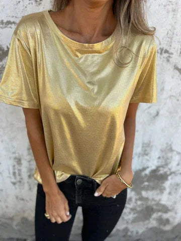 🍒Metalic loose top shiny short sleeve tee womens special occasion tops gold t-shirt o-neck fashion smart casual ladies clothes  Top 'Talic Tee