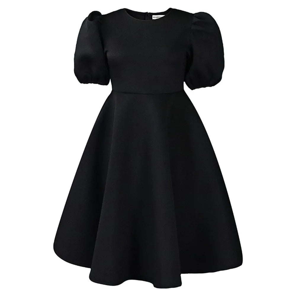 🍒Elegant dresses for woman o neck short sleeve outfit for birthday party high waisted pleated puff sleeves female fashion wear occasion wear evening party wear mid calf luxury B'day Bopper Beauty Babe