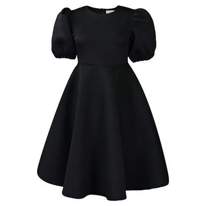 🍒Elegant dresses for woman o neck short sleeve outfit for birthday party high waisted pleated puff sleeves female fashion wear occasion wear evening party wear mid calf luxury B'day Bopper Beauty Babe