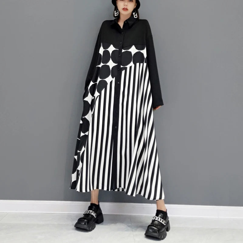 🍒Long sleeve loose fit shirt dress plus size woman black outfit with Dots striped fashion printed large smart casual dresses Spot The Stripes