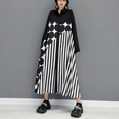 🍒Long sleeve loose fit shirt dress plus size woman black outfit with Dots striped fashion printed large smart casual dresses Spot The Stripes