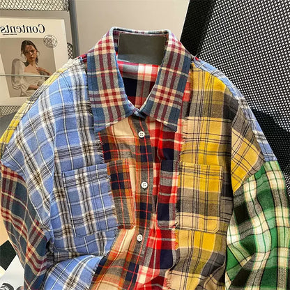 🍒Women's checkered collared  shirt spliced long sleeve shiirt Y2K american streetwear aesthetic college 2000s top retro shirt casual clothing Get Your Neck In A check