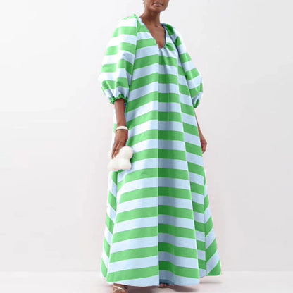 🍒 Striped party dress loose fit maxi swing casual high waist outfit pleated elegant v-neck puff sleeve long dress  Puff Up Your Chess In A Stripy Dress