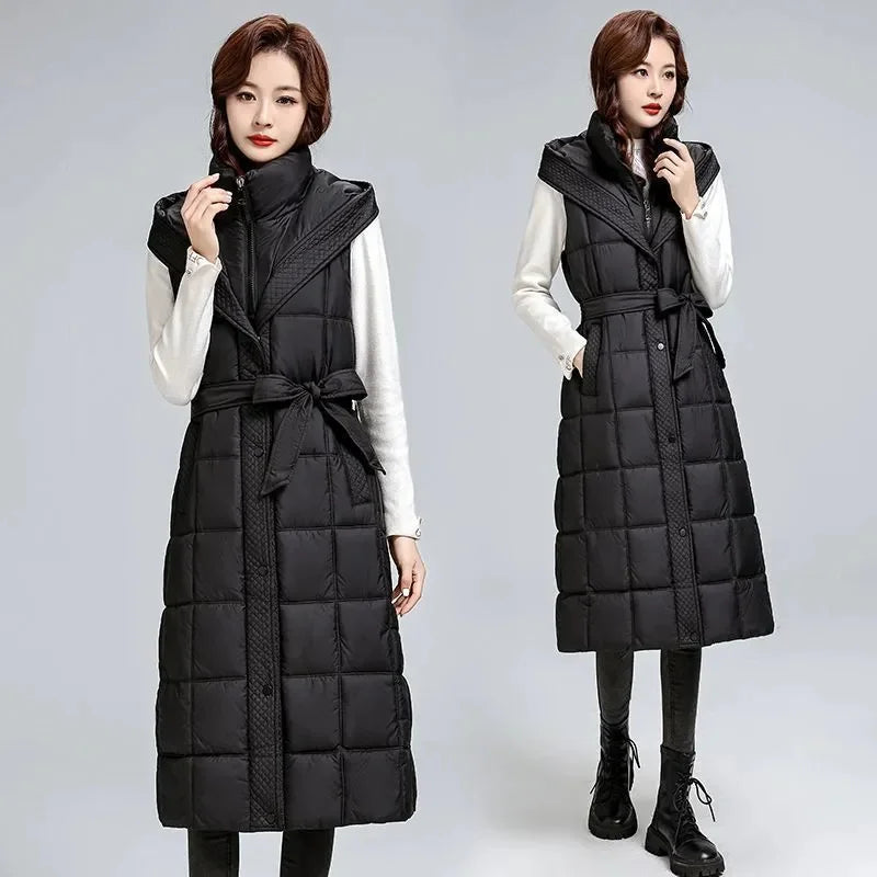 🍒Sleeveless down coat womens lomg outerwear vest autumn winter coat hooded long Jacket down filled waistcoat female winter fashion Get Down With Puffers