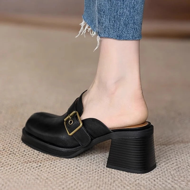 🍒Genuine leather buckle shoe open back mules for ladies smart casual summer footwear commuter thick heel slides