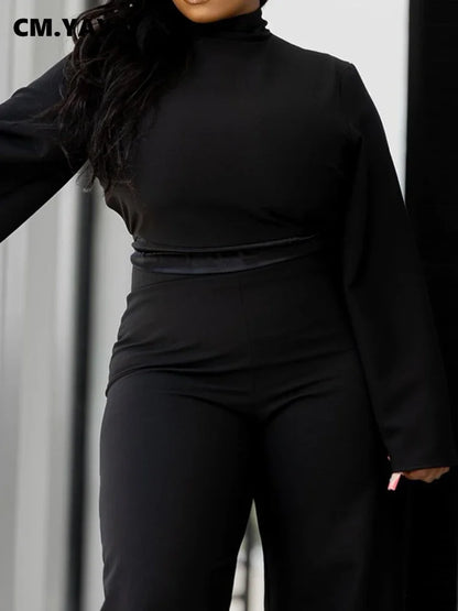 🍒Fashion women set flare long sleeve top stand collar blouse  and wide leg pants two piece sets outfits with trousers smart casual clothing Jack Up Black