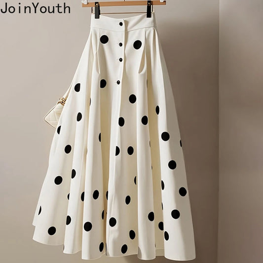 🍒White polka dot skirt midi womens high waist a-line skirt vintage outfit big swing sweet girl  fashion summer clothing smart casual wear Get In The Spotlight With Dots