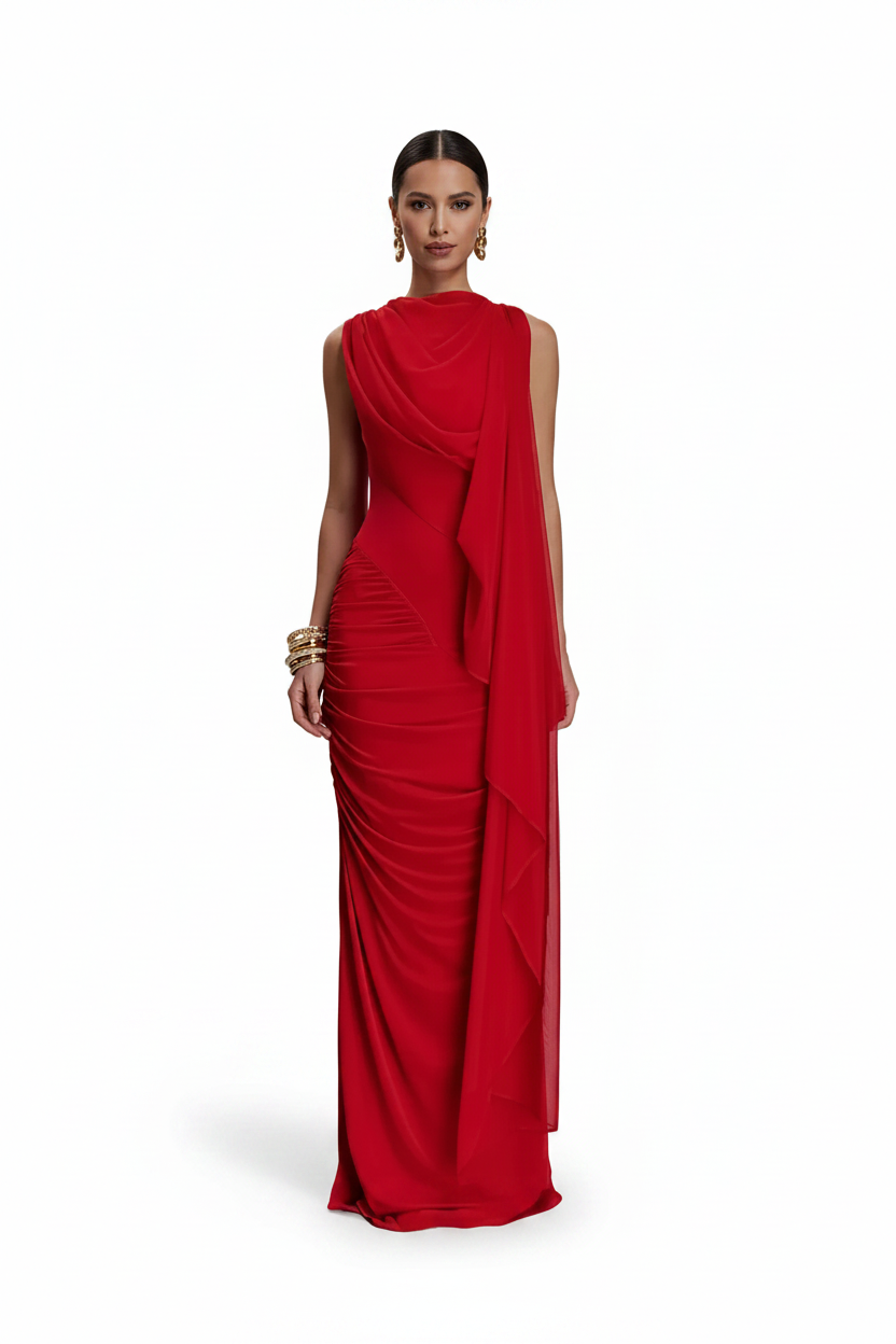 🍒Mesh draped dress solid color outfits o/neck high waist chiffon evening gowns occasion wear maxi shawl dress  Rome-mantic