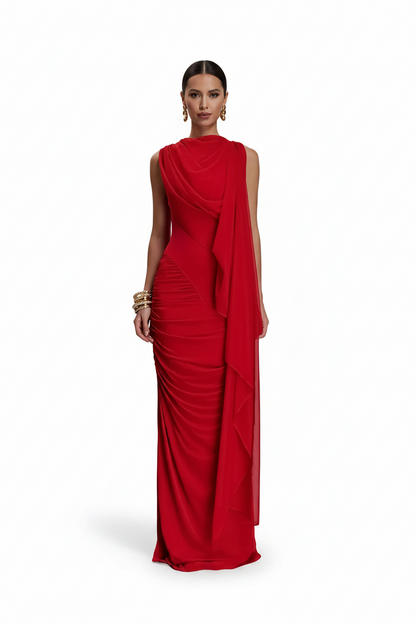 🍒Mesh draped dress solid color outfits o/neck high waist chiffon evening gowns occasion wear maxi shawl dress  Rome-mantic