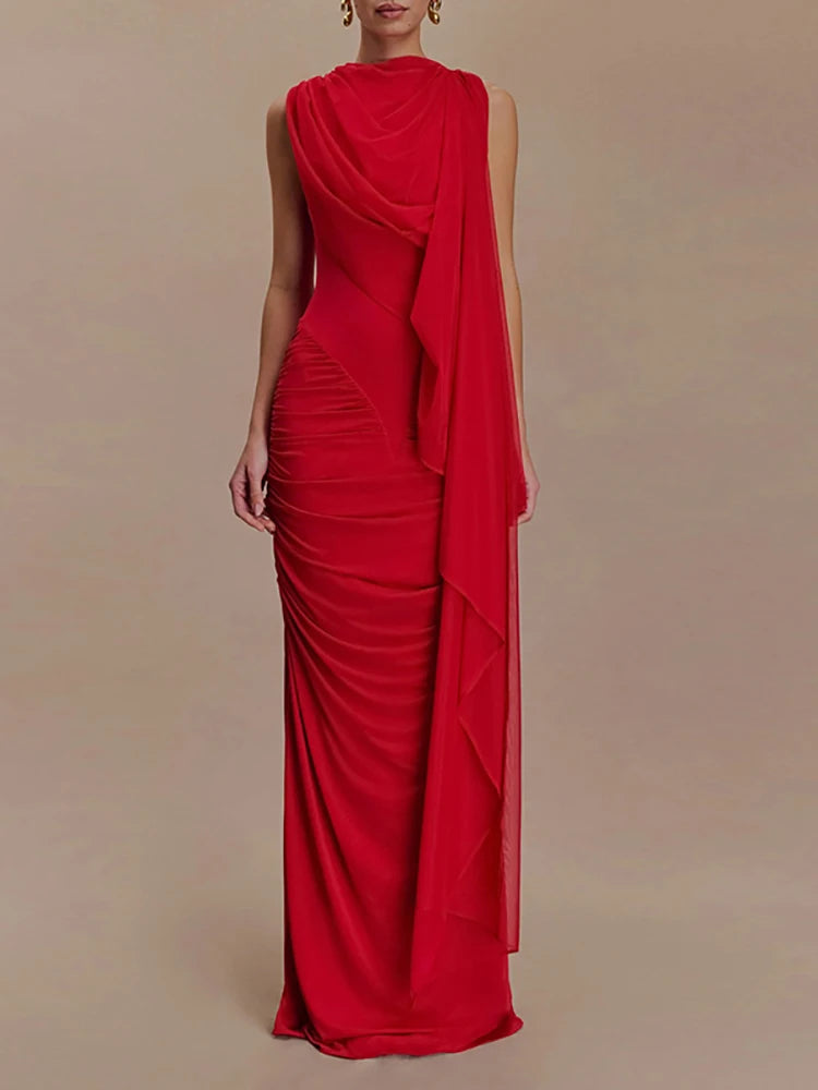🍒Mesh draped dress solid color outfits o/neck high waist chiffon evening gowns occasion wear maxi shawl dress  Rome-mantic