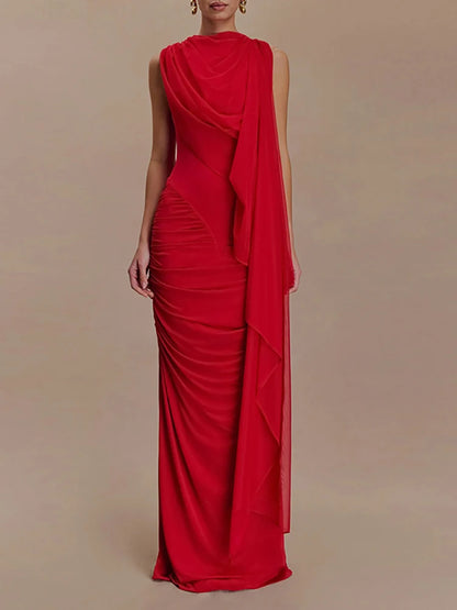 🍒Mesh draped dress solid color outfits o/neck high waist chiffon evening gowns occasion wear maxi shawl dress  Rome-mantic