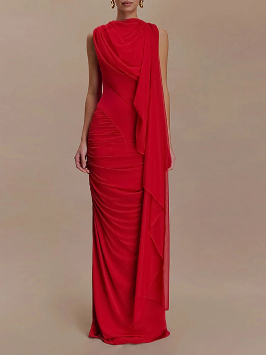 🍒Mesh draped dress solid color outfits o/neck high waist chiffon evening gowns occasion wear maxi shawl dress  Rome-mantic