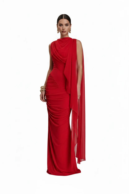 🍒Mesh draped dress solid color outfits o/neck high waist chiffon evening gowns occasion wear maxi shawl dress  Rome-mantic