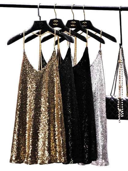 🍒Party dress with metal straps for womens sequin outfit with hanging neck back chain Long Render In backless sleeveless dress nightclub party occasion wear You Will Be Melted When You Get This Molton
