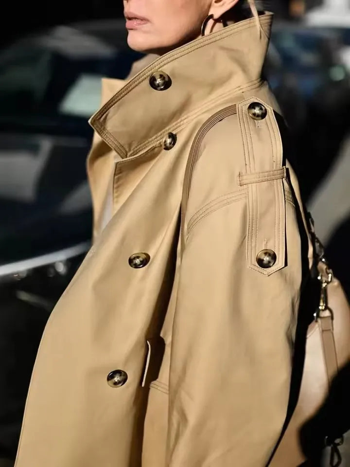 🍒Vintage double breasted trench commuter coat women loose long sleeve Jacket spring autumn elegant stand collar outerwear