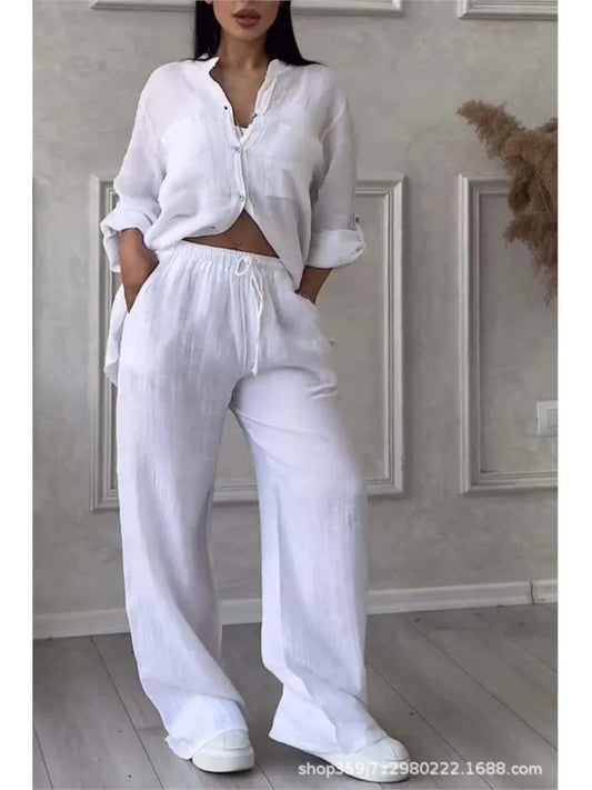 🍒two piece sets casual long sleeve womens shirt with pockets and fashion loose wide leg pants outfit smart casual clothes         Ba-sick