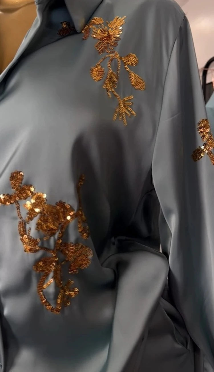 🍒Sequin two piece set long sleeve shirt top with elasticated waist party trousers smart casual clothing occasion outfit for women holiday vacation clothes for beach party Suitable Satin