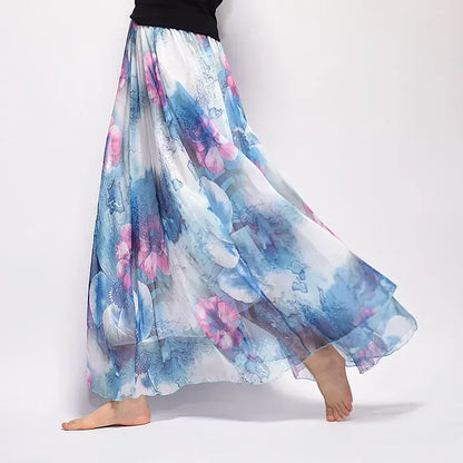 🍒Vintage bohemian long skirt full elegant chiffon fashion beach wear smart casual women high waist maxi skirt outfit summer Clothing Fill Your Basket With Roses