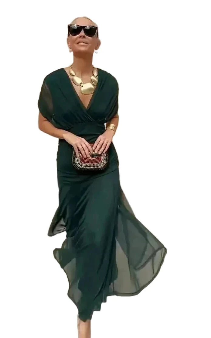 🍒Spring summer printed v-neck mesh off-shoulder dress versatile party outfits for vacation and weddings smart casual chiffon evening dress for women solid feminine clothing Off The Charts Off Shoulder