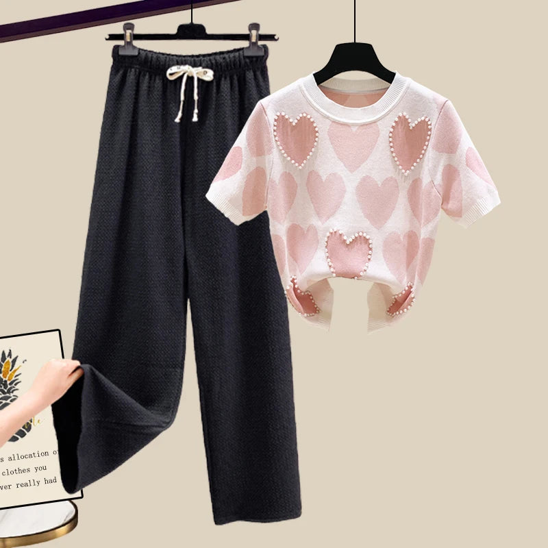 🍒Two piece set suit chic knit t-shirt with love heart top women  and casual wide leg pants sets elegant casual clothing home wear clothes  Love This Set