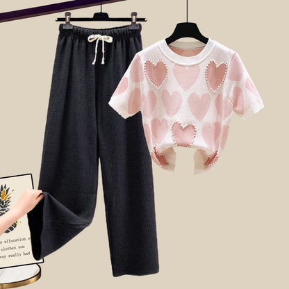🍒Two piece set suit chic knit t-shirt with love heart top women  and casual wide leg pants sets elegant casual clothing home wear clothes  Love This Set
