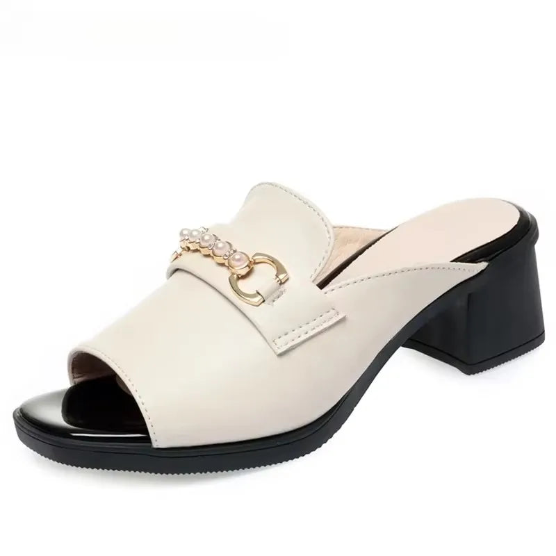 🍒Women sandals genuine leather summer square toe buckle block heels slides with chunky heels size 41 42 large footwear fashion