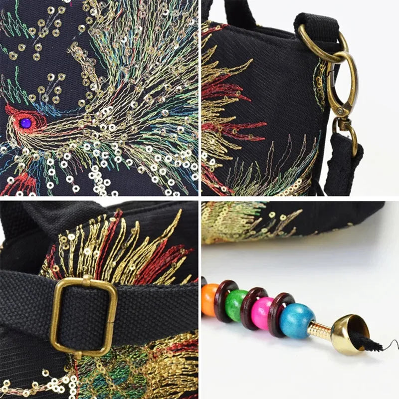 🍒Sequins tote bag ethnic style peacock embroidery handbags ladies vintage canvas crossbody bag grab bag smart casual accesssories Display Your Style With A peacock