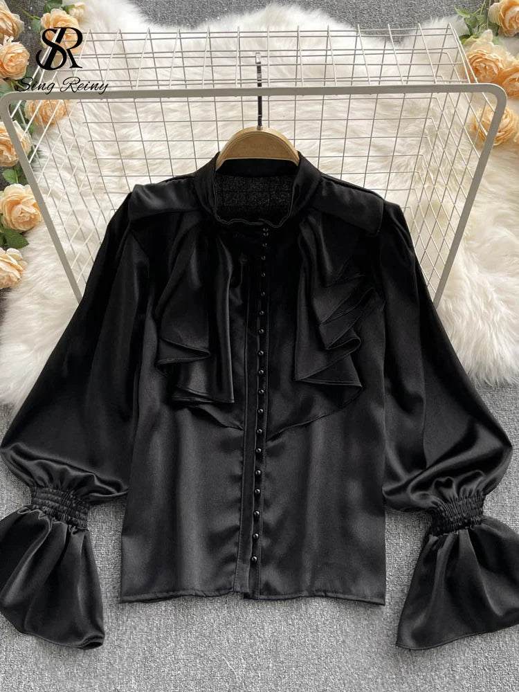 🍒High quality satin blouse loose puff sleeve shirt with flared sleeves ruffle shirt for party wear with beading top women’s feminine office wear Girly Pearl