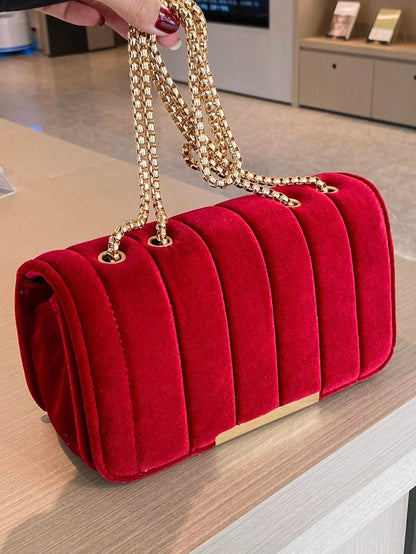 🍒Velvet square bag red shoulder crossbody bag fashion dating gift Bag with chain strap for women evening clutch for occasion     RED- irect Your FASHION