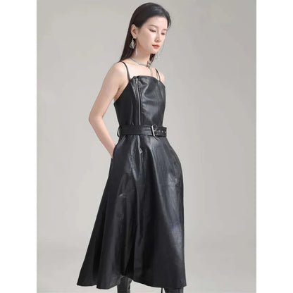 🍒Black faux leather dress spaghetti strap pu outfit with zip front sleeveless belted midi a-line dress party occasion wear sleeveless wear for women Like A Biker