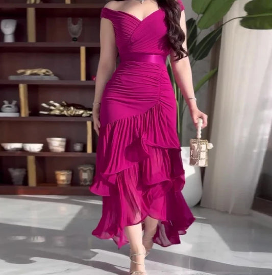 🍒V-neck ruched dress solid colour womens summer outfit high waist sleeveless casual wear maxi fashion clothes