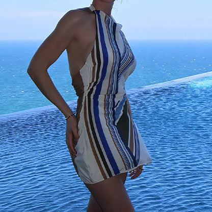 🍒Striped printed short dress tie waist outfit smart casual women halter summer dress elegant backless beach wear holiday clothing Halter Melter