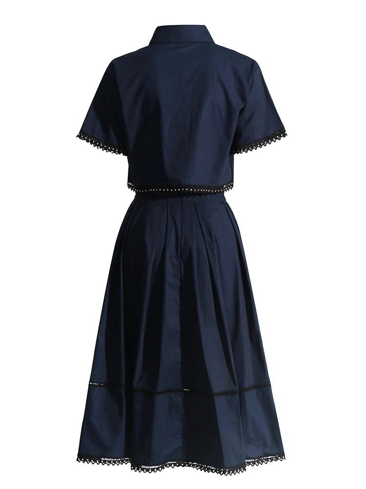 🍒Summer two piece sets women lapel short sleeve tops crop high waist a- line skirt slim set female fashion Cotton On To This Thread