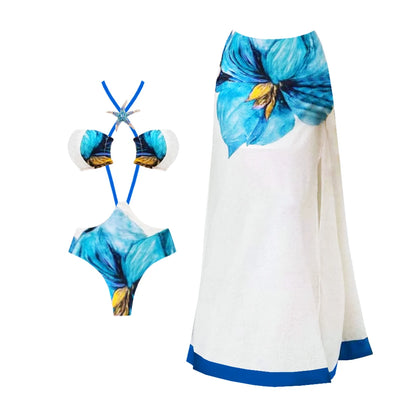 🍒One piece swim suit beach wear with coral and seashell print bikini and sarong set beach wear for women Sea Sure Set