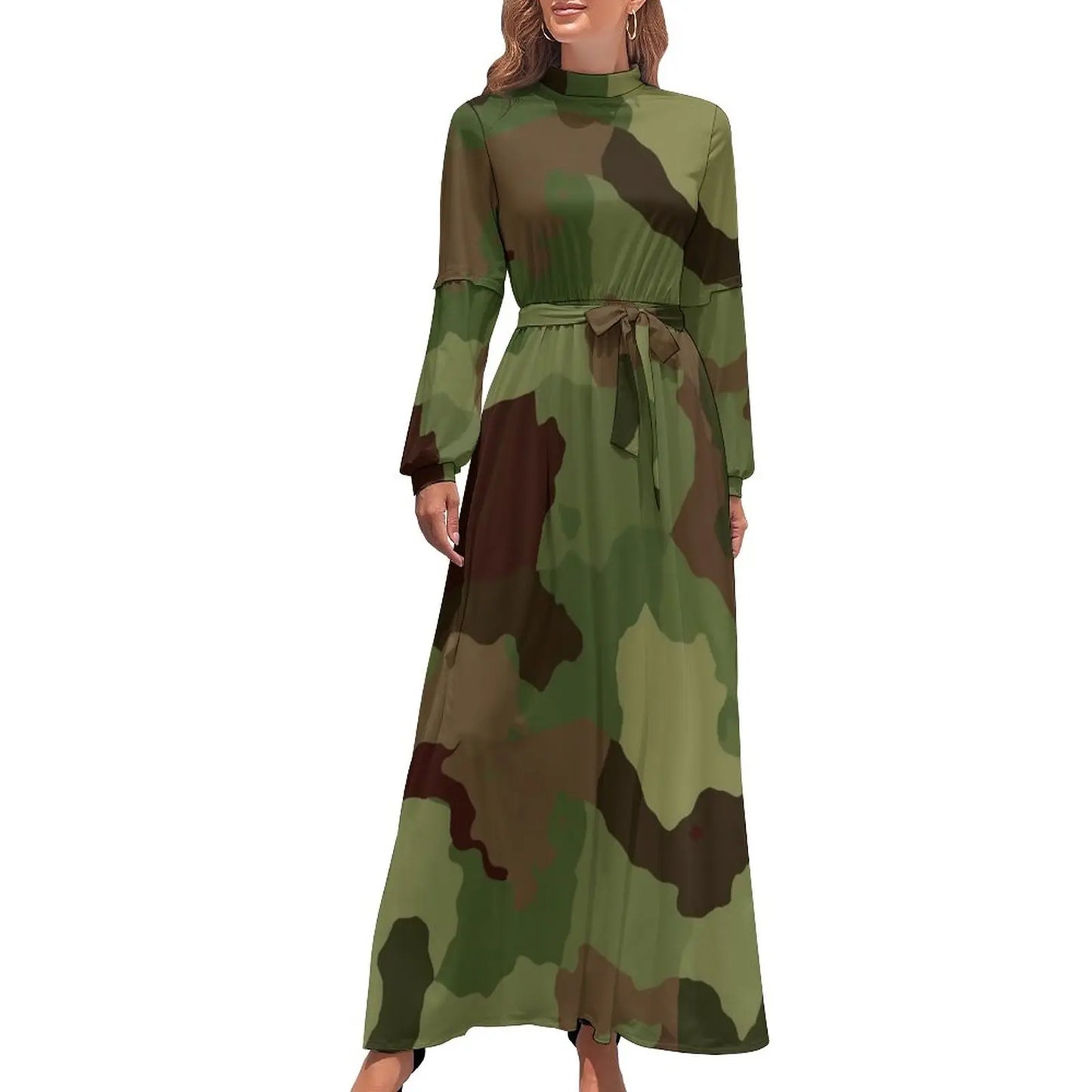 🍒Military camoflauge dress high waist outfit bohemian chic long-sleeve maxi stylish smart casual clothing women Camodel Camo
