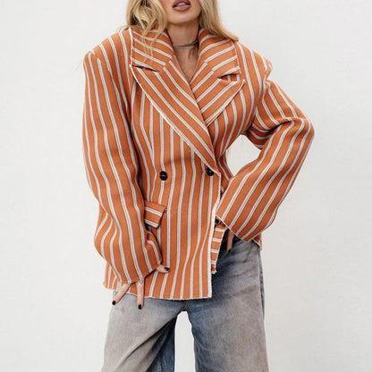 🍒Striped print blazer women's full Sleeve jacket with notched lapel collar double breasted spring coat fashion wear office clothing   Look Chocolate In Orange