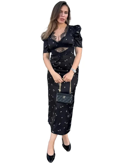 🍒Lace long dress for women short sleeve maxi dress lace insert party outfit mix media fashion wear occasion wear Pose In Rose