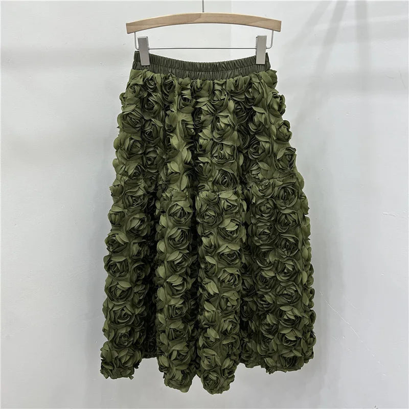 🍒3D flower skirt versatile flower mid-calf a-line fashion wear for women high waist big swing feminine outfit occasion wear party wear chic floral high waist a-line sweet solid colour clothing Pick This Rose And Put It In Your Basket