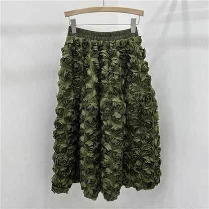 🍒3D flower skirt versatile flower mid-calf a-line fashion wear for women high waist big swing feminine outfit occasion wear party wear chic floral high waist a-line sweet solid colour clothing Pick This Rose And Put It In Your Basket