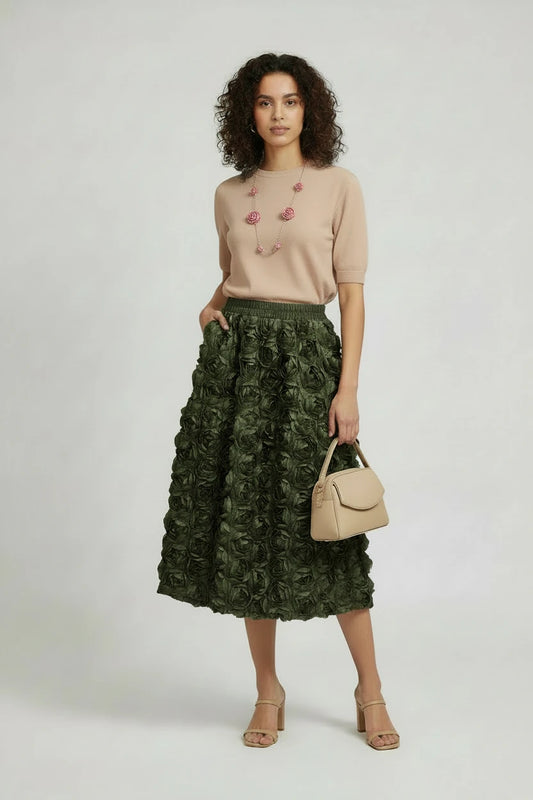 🍒3D flower skirt versatile flower mid-calf a-line fashion wear for women high waist big swing feminine outfit occasion wear party wear chic floral high waist a-line sweet solid colour clothing Pick This Rose And Put It In Your Basket