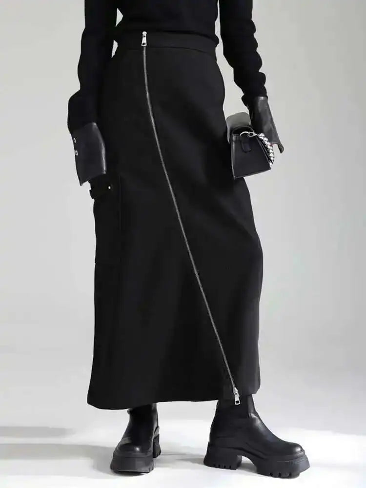 🍒High waist irregular long skirt black with slit zipper and pocket midi fashion long smart casual clothing for women party occasion wear Zip This Up And Look Lovely In Liquorise